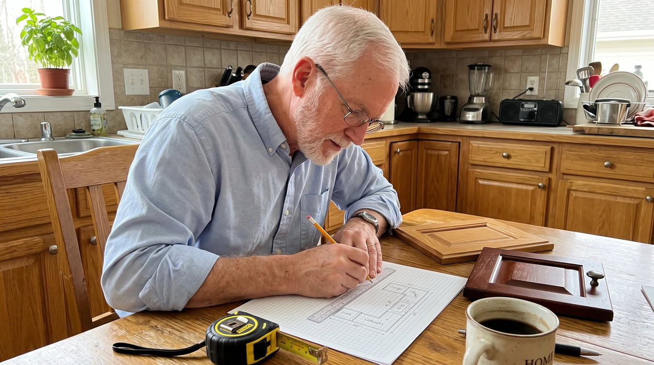 An older man at a kitchen table writing intently with a pencil, a mug of coffee beside him