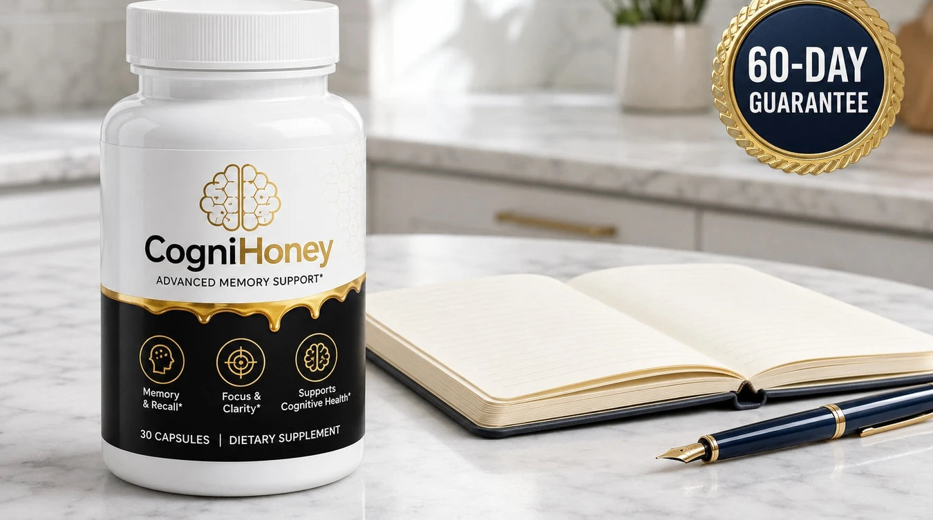 A bottle of CogniHoney on a kitchen counter beside a notebook and pen, with a gold and navy 60-day guarantee seal