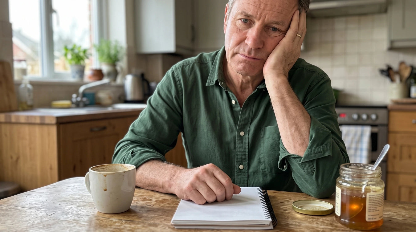 A man at his kitchen table reading his handwritten notebook next to a jar of honey and cinnamon sticks