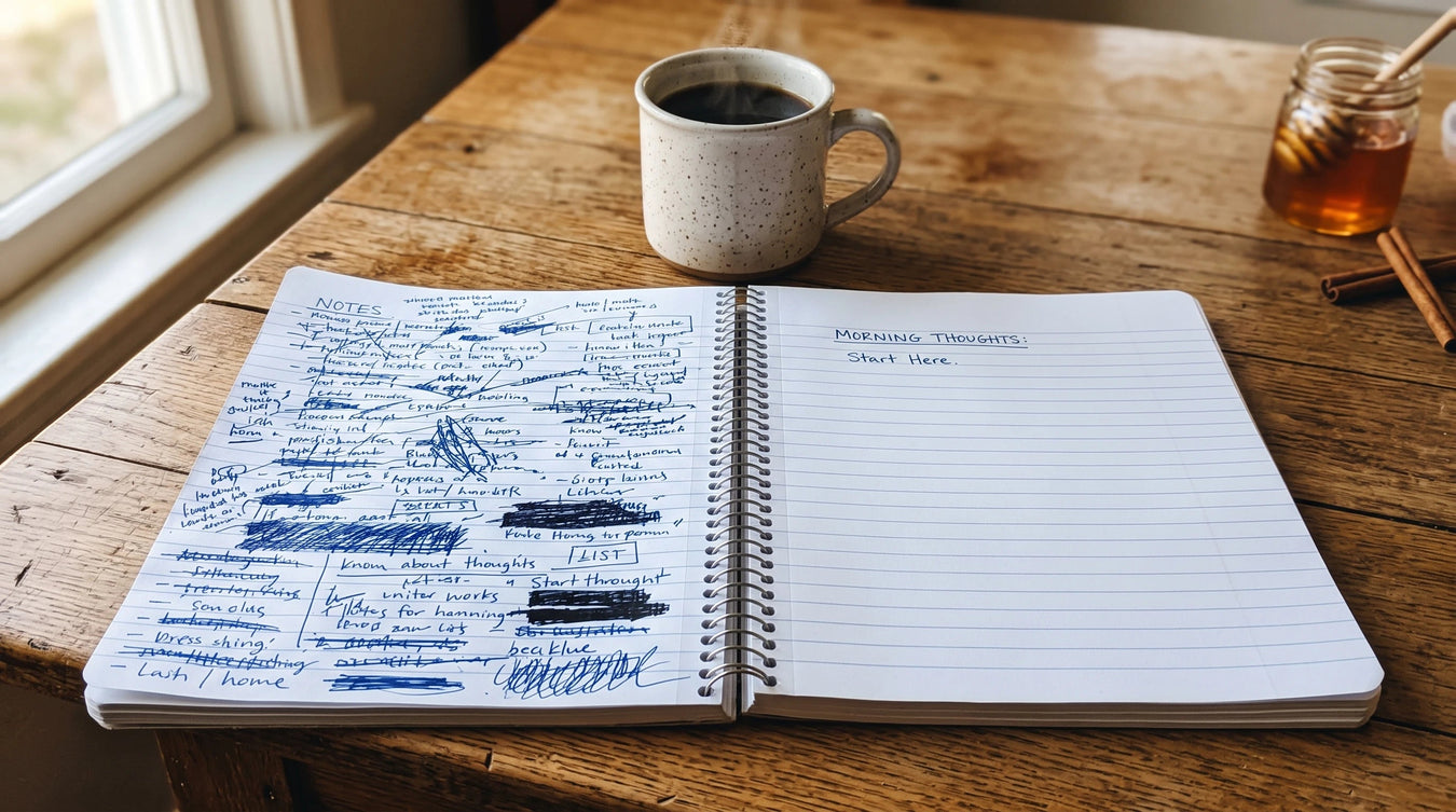 An open notebook on a kitchen table: one page densely packed with crossed-out handwritten notes, the facing page almost empty except for two calm lines, a mug of coffee and a jar of honey nearby