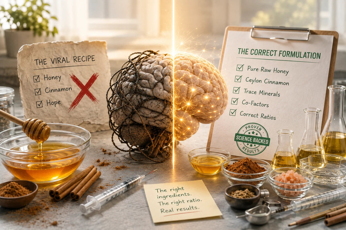 A jar of raw honey and a bowl of ground cinnamon next to a blank open notebook on a kitchen counter