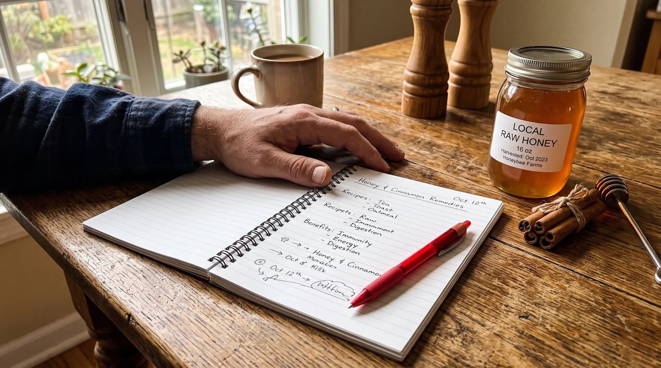 A hand resting beside an open notebook with a red pen, a jar of honey and cinnamon sticks on the table
