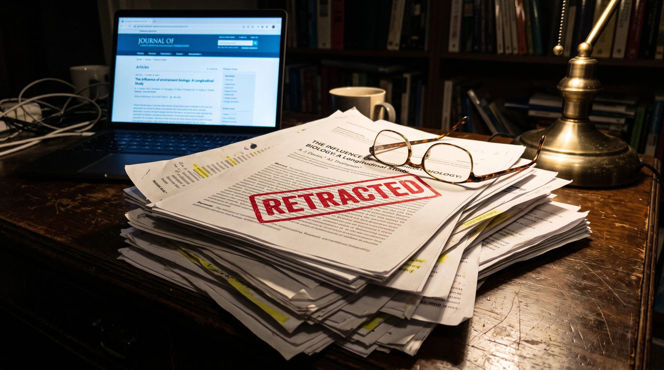 A tall stack of research papers with a stamp reading RETRACTED across the top page