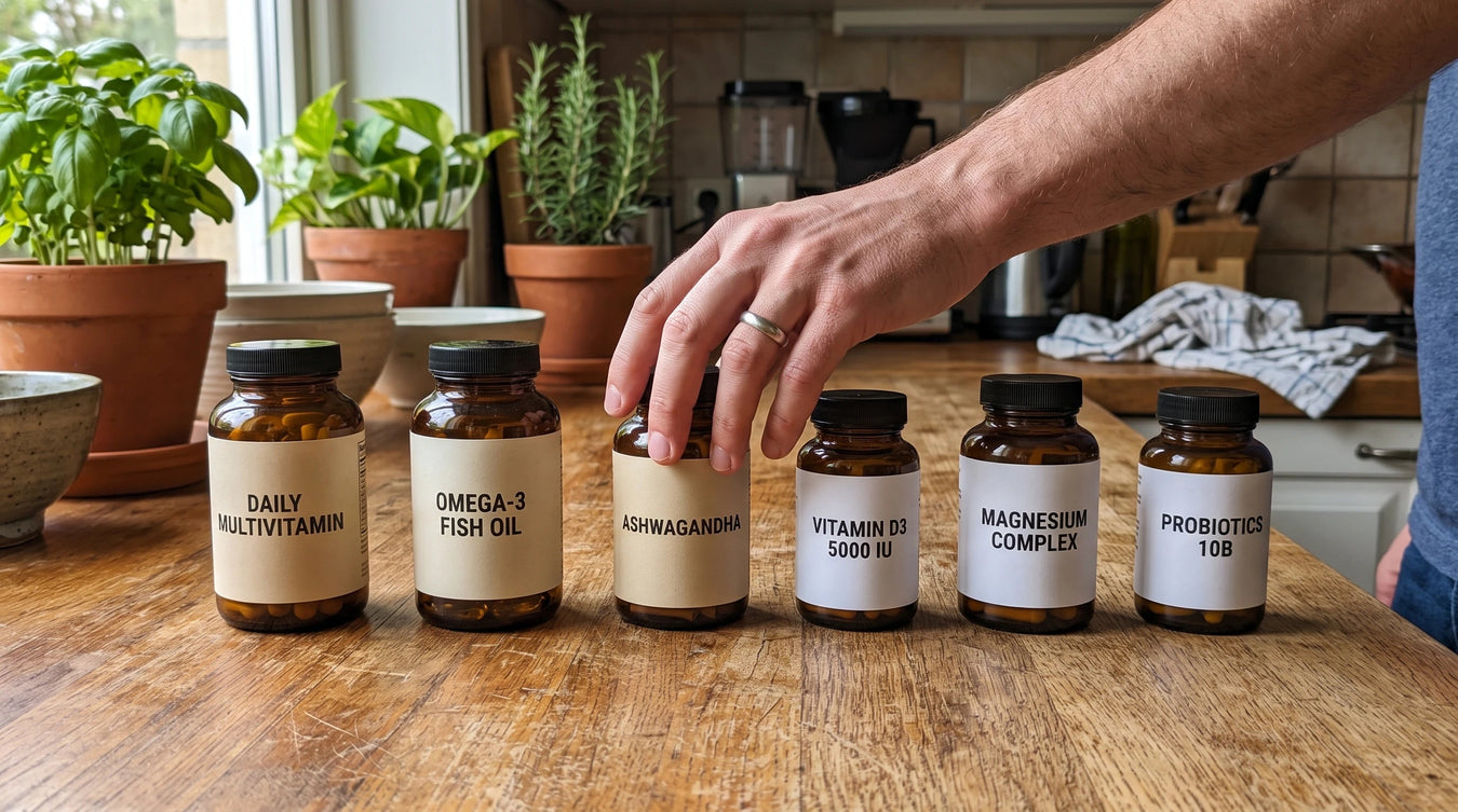 Six different supplement bottles lined up on a wooden kitchen counter, a hand reaching for one