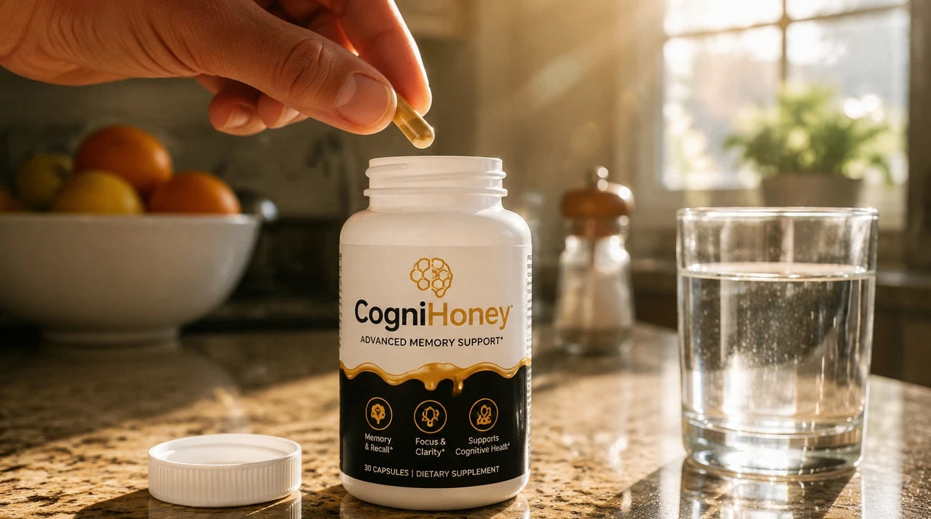 A hand placing a capsule into a bottle of CogniHoney beside a glass of water on a kitchen counter